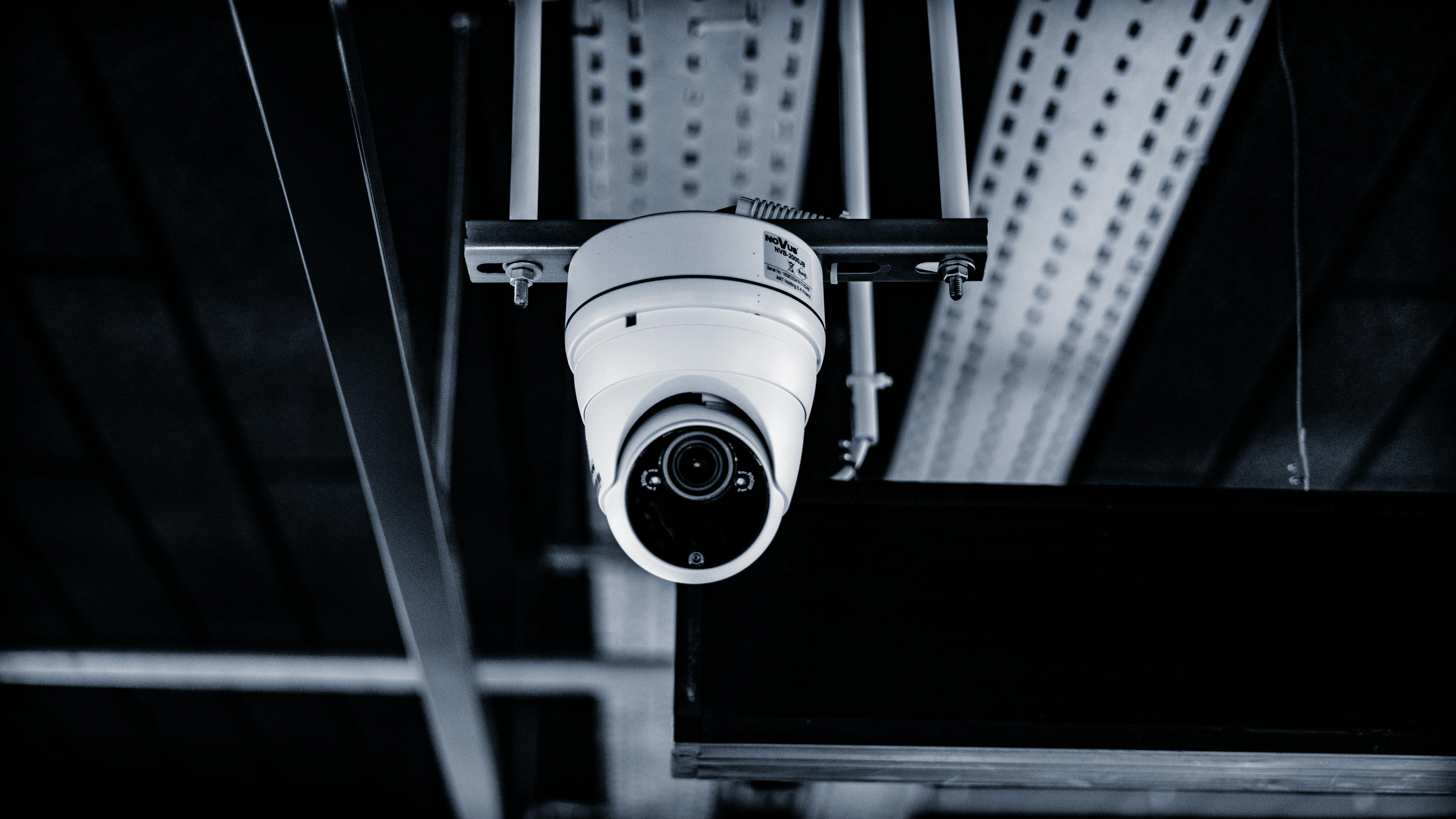 Security camera mounted on ceiling